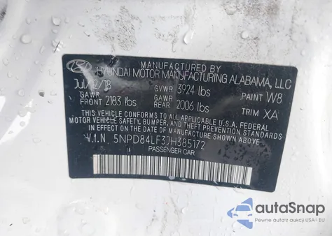 2018 Hyundai Elantra Value Edition z USA, uszkodzony, nr VIN 5NPD84LF3JH385172